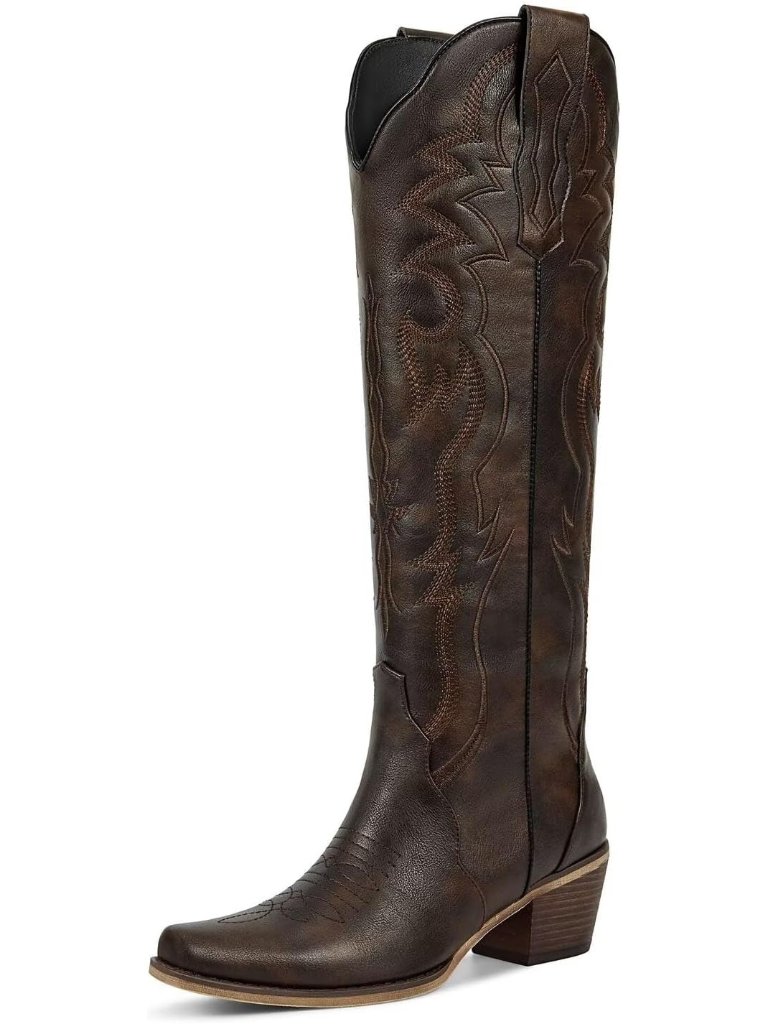 Women's Dark Brown Chunky Heel Slip On Pointed Knee High Cowgirl Tall Boots